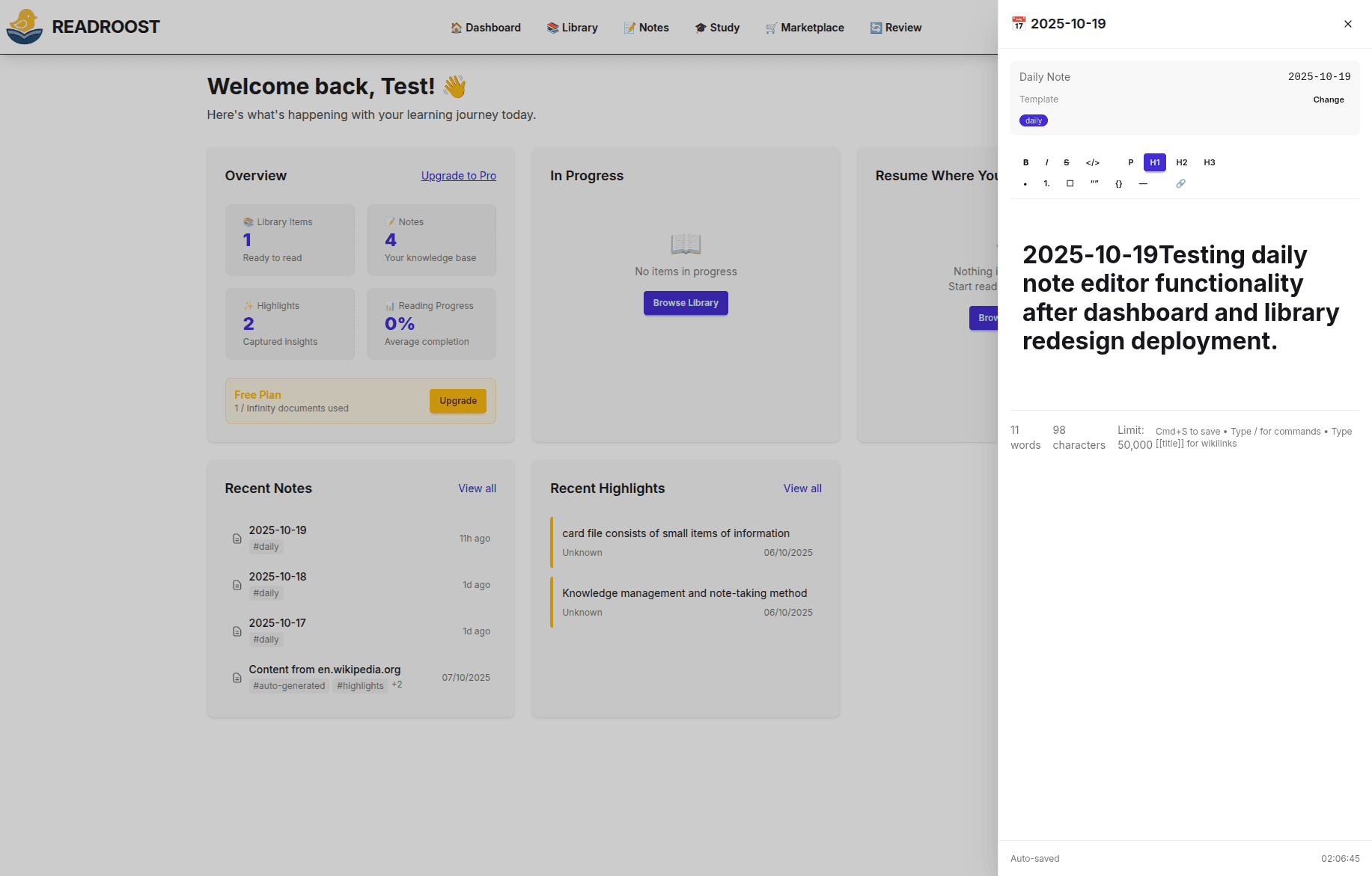 Daily Note panel with rich text editor and templates