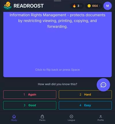 Flashcard back showing the answer with difficulty rating buttons