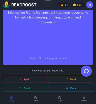 Flashcard back showing the answer with difficulty rating buttons
